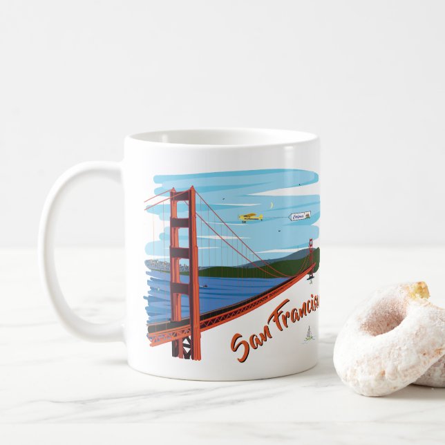 Golden Gate Bridge San Francisco Illustration Coffee Mug (With Donut)