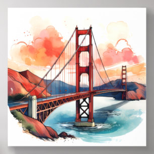 Golden Gate Bridge Sunset Watercolour Art Print Acrylic Photo Tile