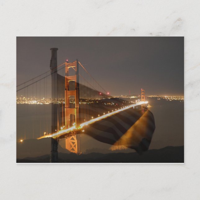 Golden Gate Bridge & USA Flag Postcard (Front)