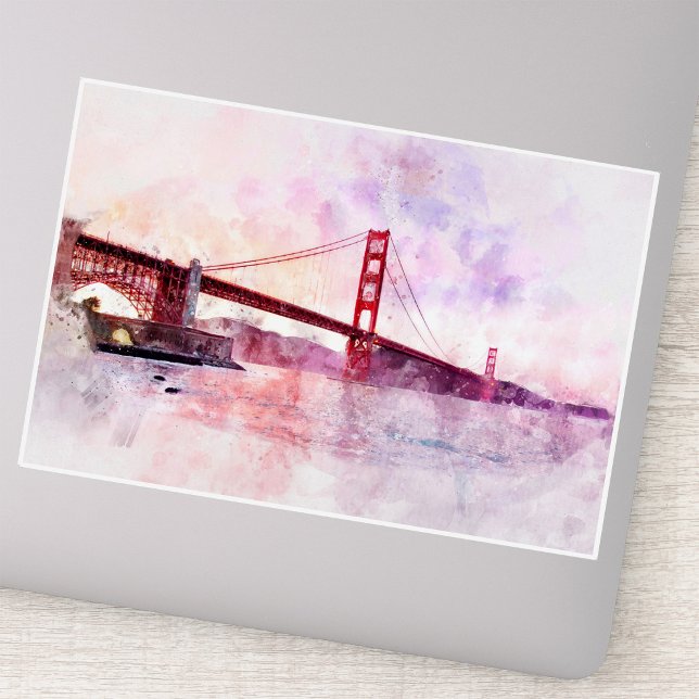 Golden Gate Bridge Watercolor at Sunset Sticker (Golden Gate Bridge Watercolor at Sunset. Sticker)
