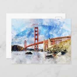 Golden Gate Bridge watercolor in San Francisco Postcard