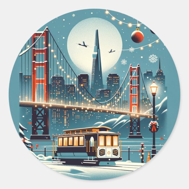 Golden Gate Holiday Magic San Francisco Christmas Classic Round Sticker (Front)