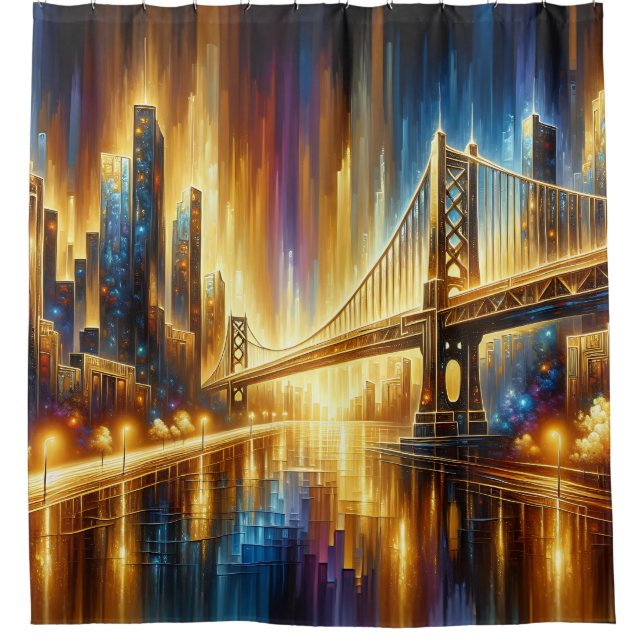 “Golden Gate Reflections: Night Cityscape” Shower Curtain (Front)