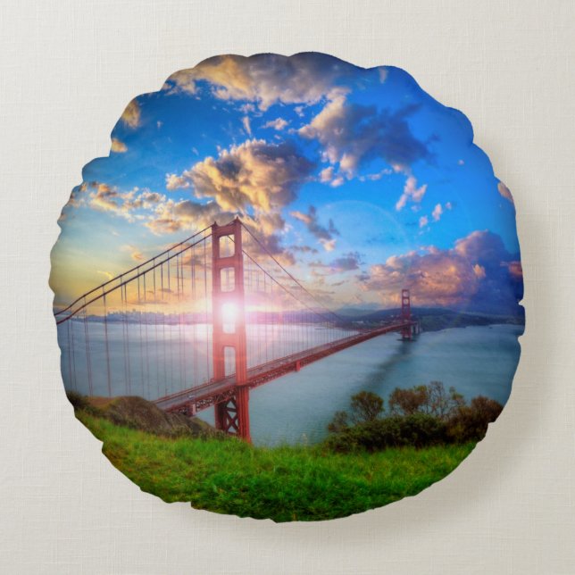 Golden Gate Sunrise Round Pillow (Front)
