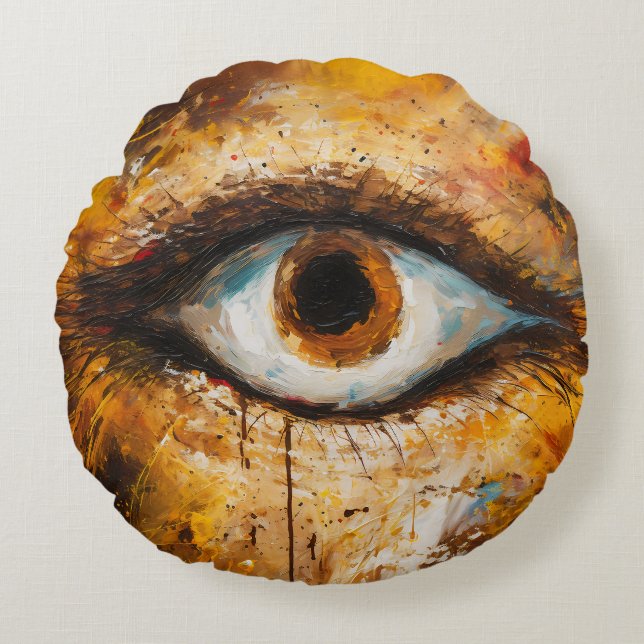 Golden Gaze – Abstract Eye Art Round Pillow (Front)