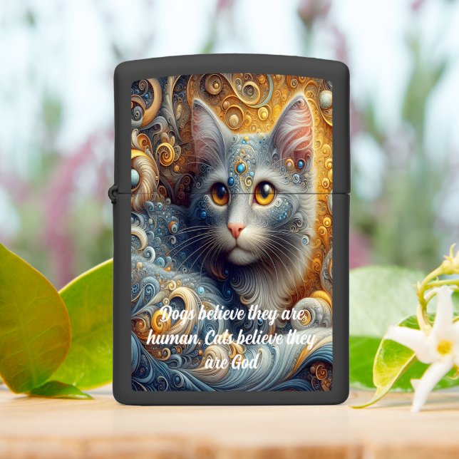 Golden Gaze: Feline Portrait in Yellow Eyes Zippo Lighter (On Table)