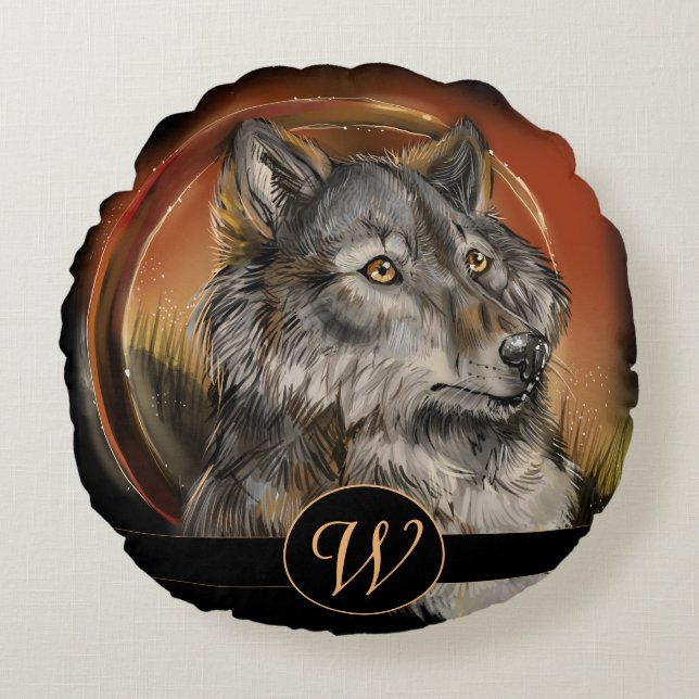 Golden Gaze Monogram Wolf Round Pillow (Front)
