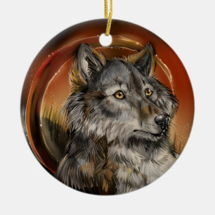 Golden Gaze Wolf Ceramic Ornament