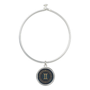 Golden Gemini Zodiac Circle With Starry Night Bangle Bracelet