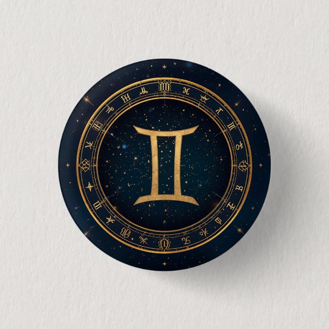 Golden Gemini Zodiac Circle With Starry Night Button (Front)