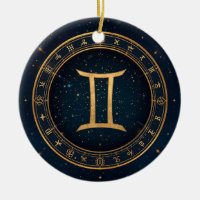 Golden Gemini Zodiac Circle With Starry Night