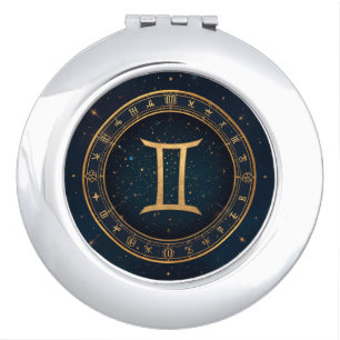 Golden Gemini Zodiac Circle With Starry Night Compact Mirror