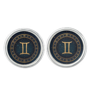 Golden Gemini Zodiac Circle With Starry Night Cufflinks