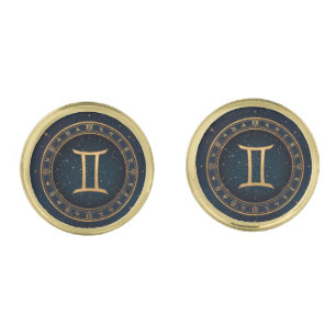 Golden Gemini Zodiac Circle With Starry Night Cufflinks