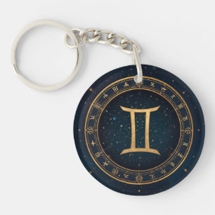 Golden Gemini Zodiac Circle With Starry Night Keychain