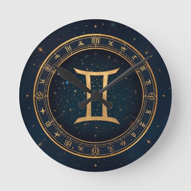Golden Gemini Zodiac Circle With Starry Night Round Clock (Front)