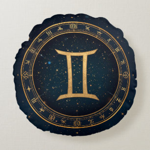Golden Gemini Zodiac Circle With Starry Night Round Pillow