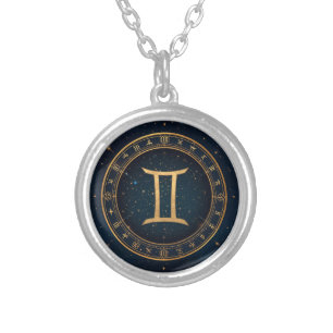 Golden Gemini Zodiac Circle With Starry Night Silver Plated Necklace