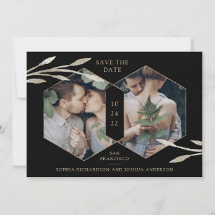 Golden Geometric Botanical Two Photo Black Save The Date