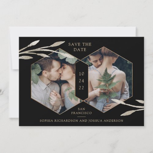 Golden Geometric  Botanical Two Photo Black Save The Date