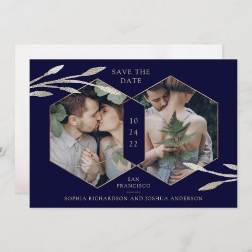 Golden Geometric  Botanical Two Photo Navy Blue Save The Date