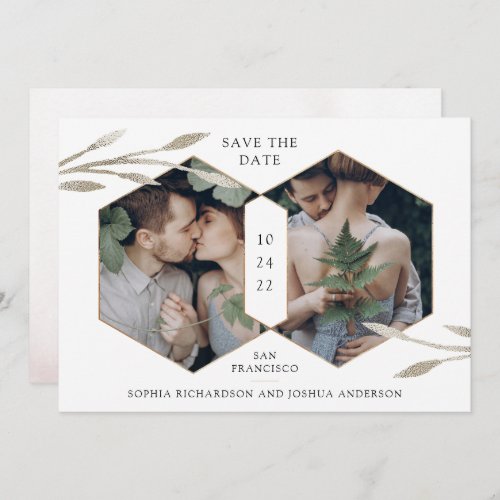 Golden Geometric  Botanical Two Photo White Save The Date