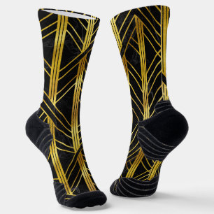Golden Geometric Dimoned Art Deco on Black Marble Socks