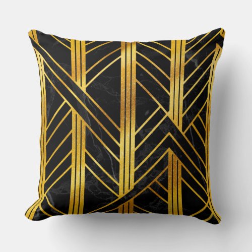 Golden Geometric Dimoned Art Deco on Black Marble Throw Pillow