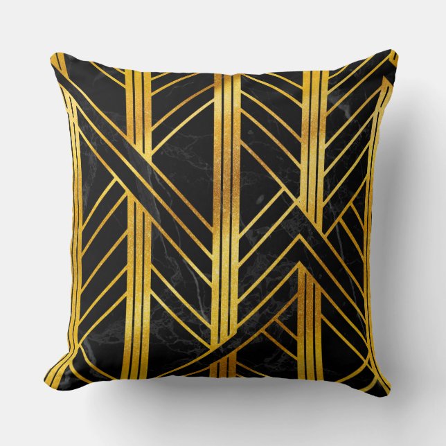 Golden Geometric Dimoned Art Deco on Black Marble Throw Pillow (Front)
