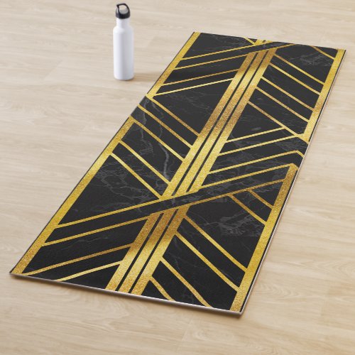 Golden Geometric Dimoned Art Deco on Black Marble  Yoga Mat