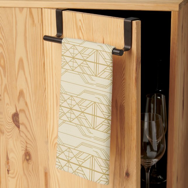 golden geometric lines on a beige background kitchen towel (Thirds Fold)