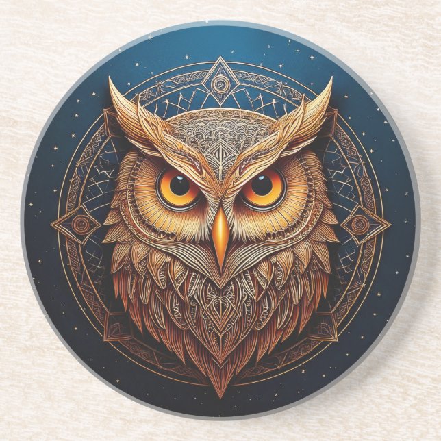 Golden Geometric Owl Coaster (Front)