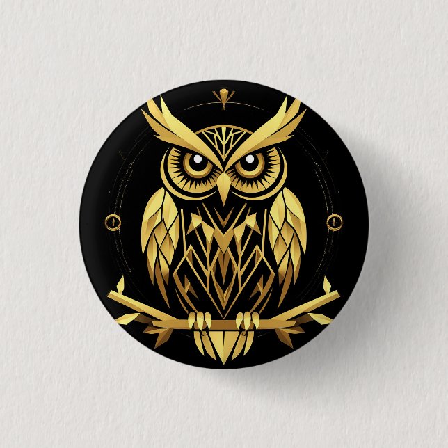 Golden Geometric Owl Illustration Button (Front)