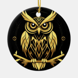 Golden Geometric Owl Illustration Ceramic Ornament