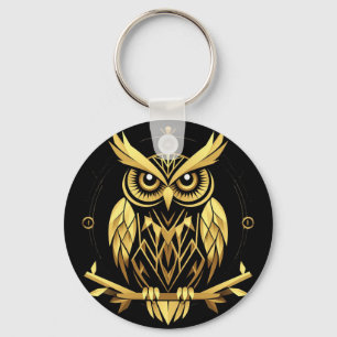 Golden Geometric Owl Illustration Keychain