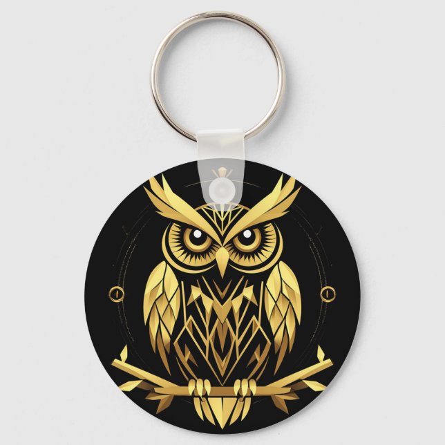 Golden Geometric Owl Illustration Keychain (Front)