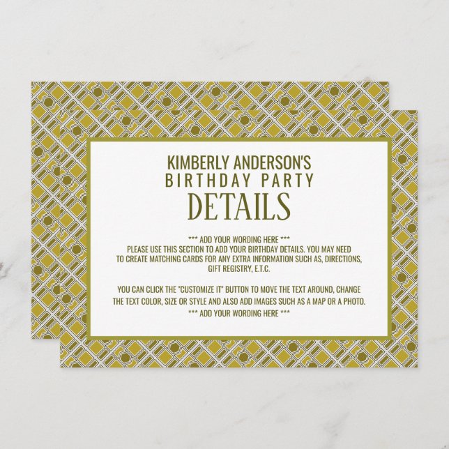 Golden Geometric Pattern, Modern Birthday Detail Invitation (Front/Back)
