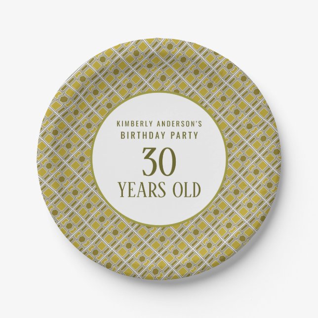 Golden Geometric Pattern, Modern Birthday Party Paper Plates (Front)