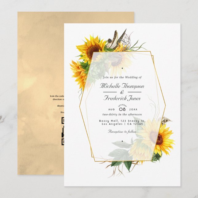 Golden Geometric Sunflowers QR Code RSVP Wedding Invitation (Front/Back)