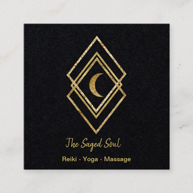 Golden Geometric With Moon Square Business Card (Front)