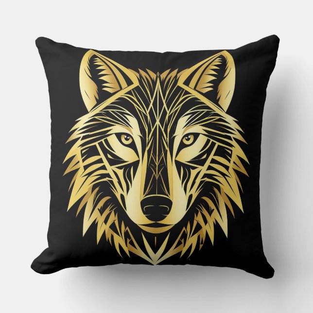 Golden Geometric Wolf Illustration Throw Pillow (Front)
