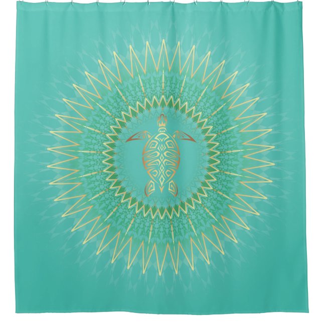 "Golden Geometry and Turtle" | Tropical Mandala Shower Curtain (Front)