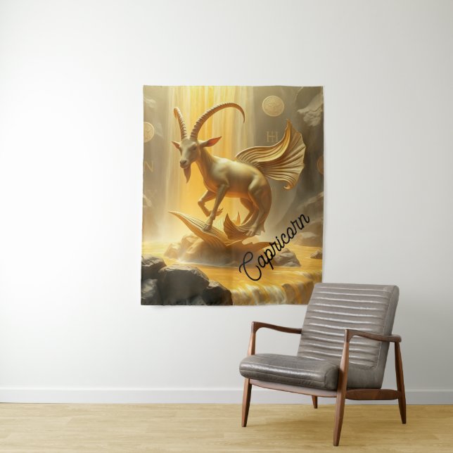 Golden Gilded Capricorn Wall Tapestry (In Situ)