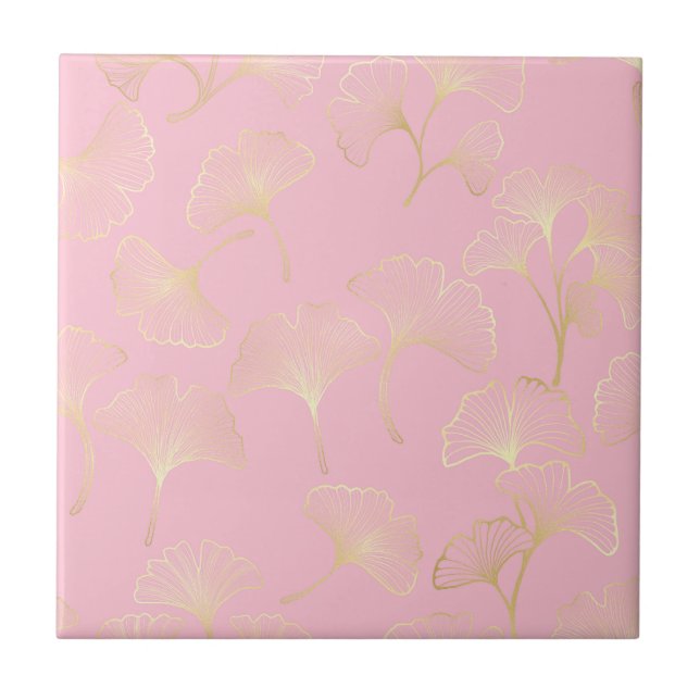 Golden Ginkgo Botanical Blush Nature Pattern Ceramic Tile (Front)
