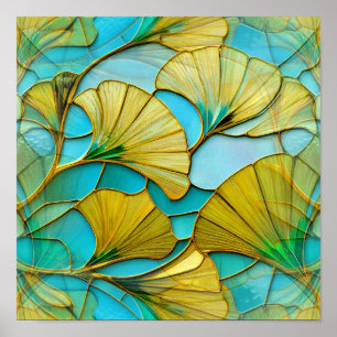 Golden Ginkgo Leaves Blue Background Poster
