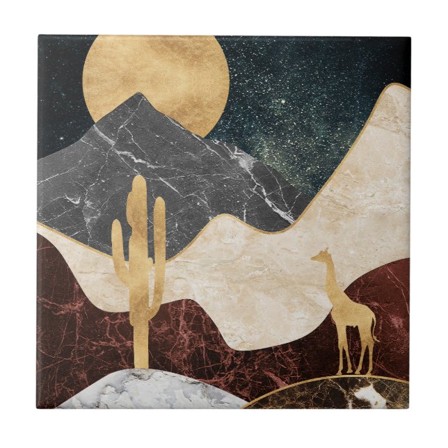 Golden Giraffe Desert Landscape & Marble Mountain Ceramic Tile (Front)