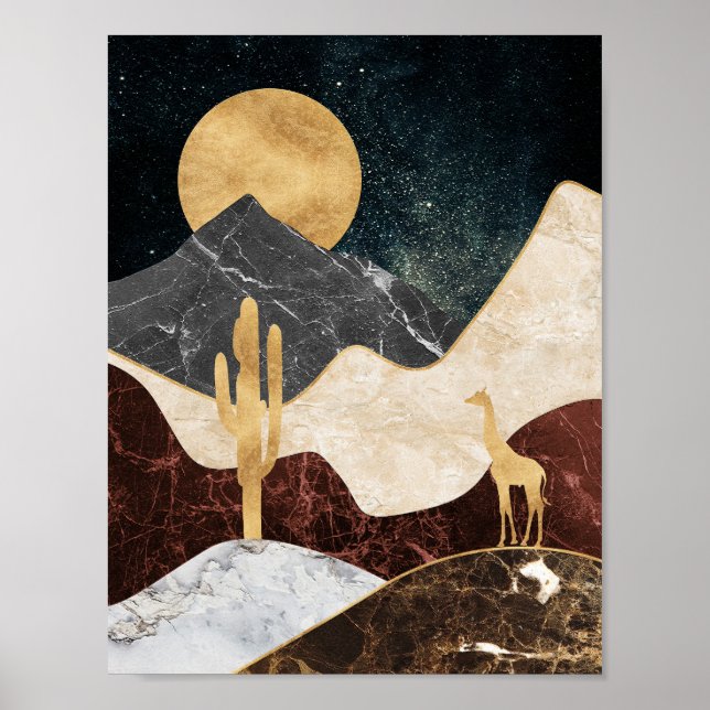 Golden Giraffe Desert Landscape & Marble Mountain Poster (Front)