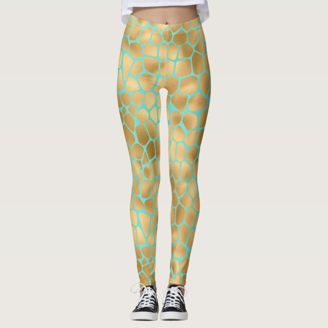 Golden giraffe print on mint leggings (Front)