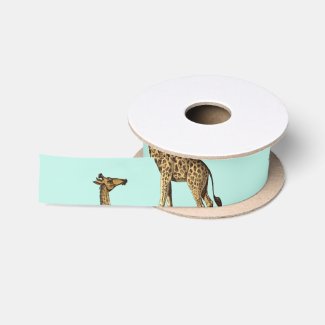 Golden Giraffes Teal Background Satin Ribbon