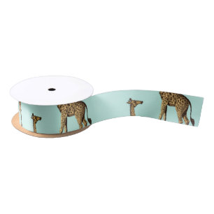 Golden Giraffes Teal Background Satin Ribbon